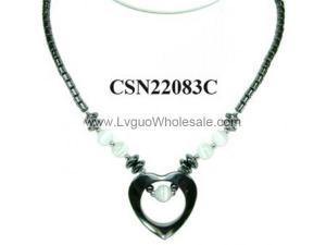 White Cat's Eye Opal Beads Hematite Heart Pendant Chain Choker Fashion Necklace